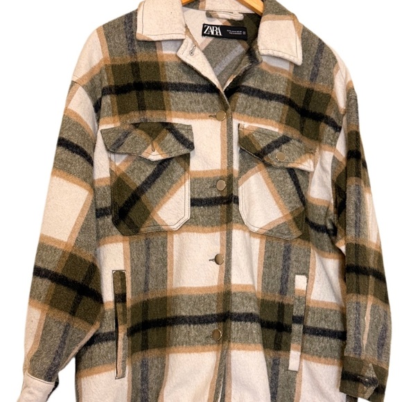 Zara Jackets & Blazers - ZARA Oversized Plaid Shacket Jacket Women’s Wool Blend Neutral Tan Olive Checked